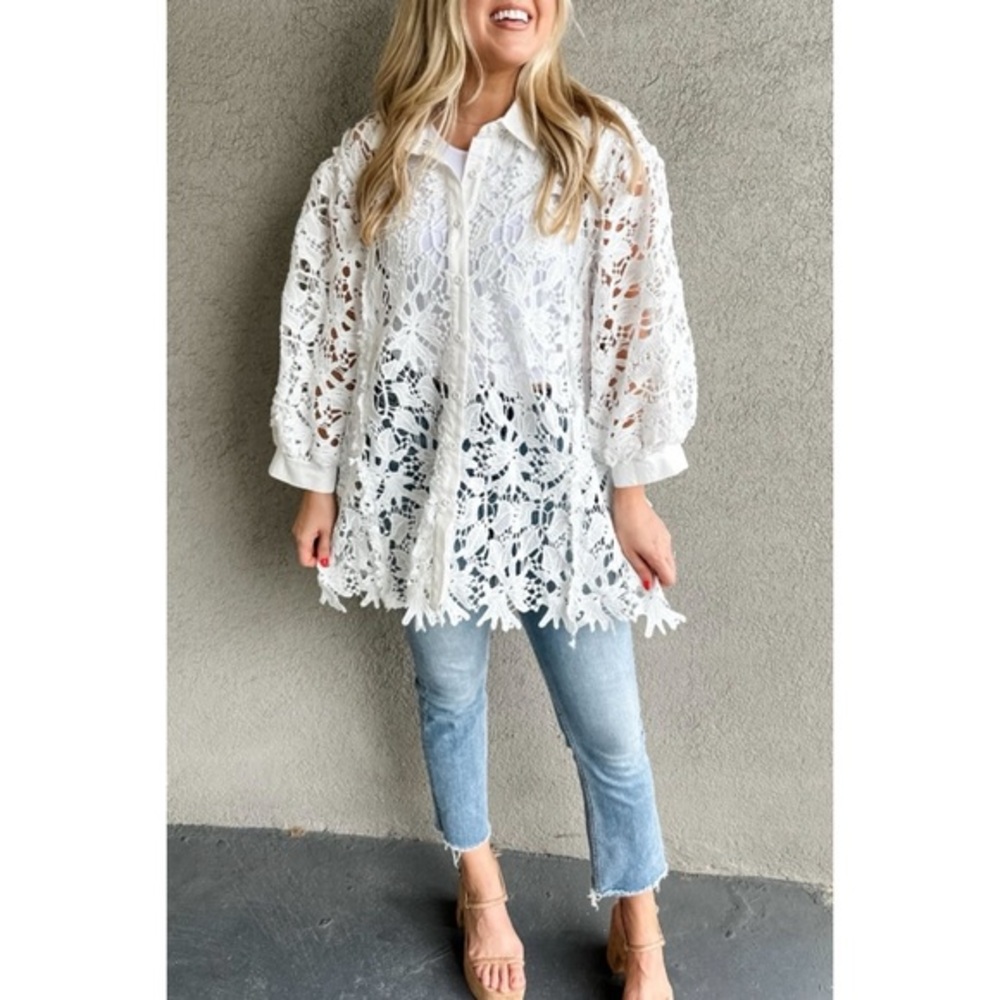 POL Off White Eyelet Lace Oversized Button Down Shirt